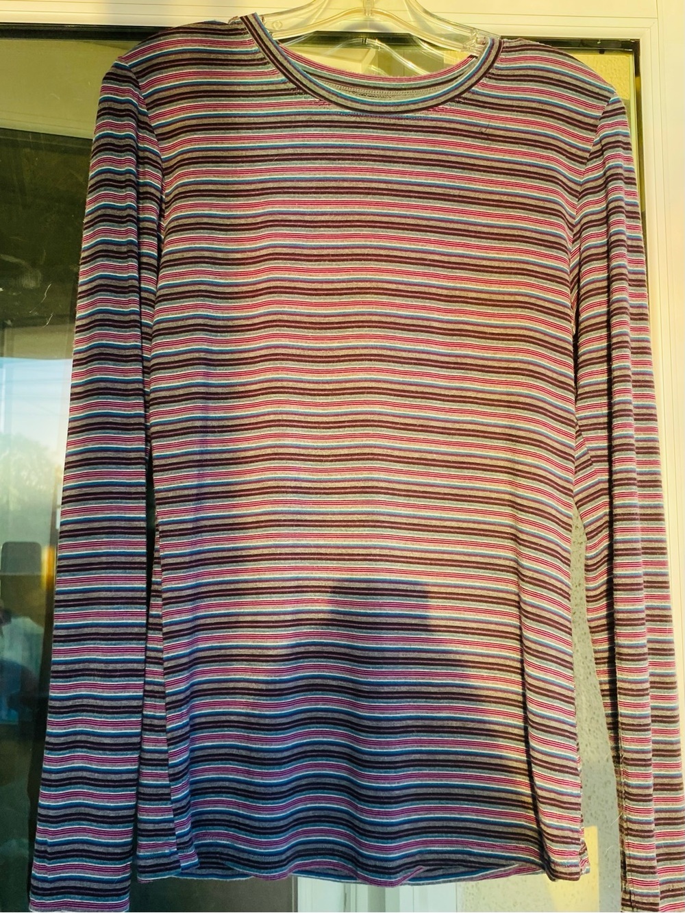 Cuddl Duds Medium Striped Long Sleeve Knit Top Purple & Gray Stretch Soft